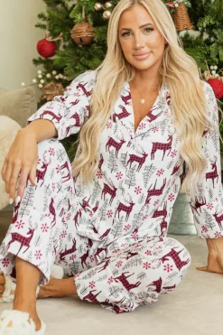 Sale Dear-Lover Christmas Printed Shirt and Pants Pajama Set White