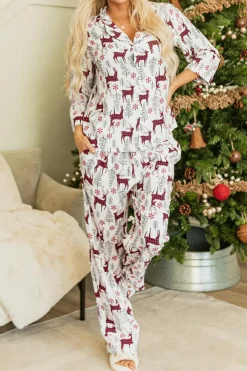 Sale Dear-Lover Christmas Printed Shirt and Pants Pajama Set White