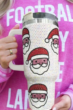 Hot Dear-Lover Christmas Santa Claus Diamond Thermos Cup with Straw 40oz White