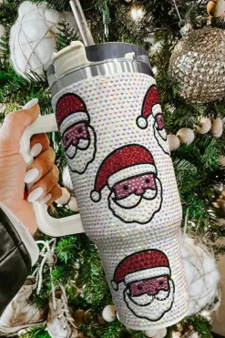 Hot Dear-Lover Christmas Santa Claus Diamond Thermos Cup with Straw 40oz White