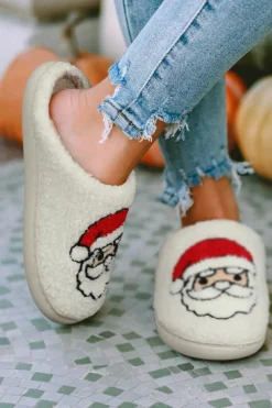 Outlet Dear-Lover Christmas Santa Clause Graphic Plush Slippers White