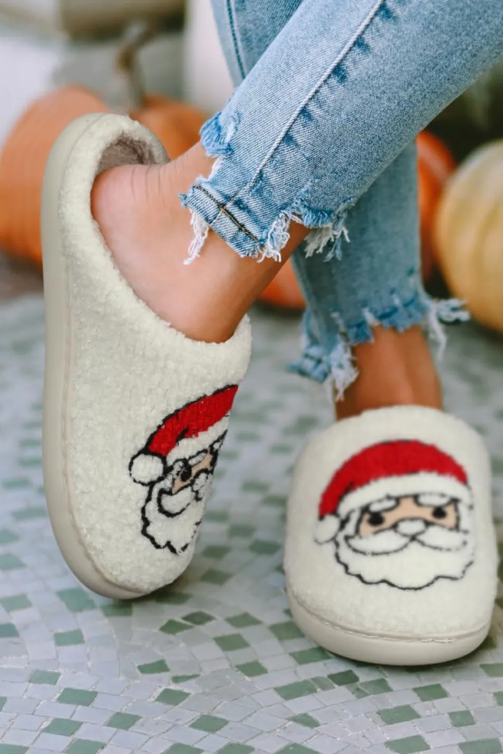 Outlet Dear-Lover Christmas Santa Clause Graphic Plush Slippers White