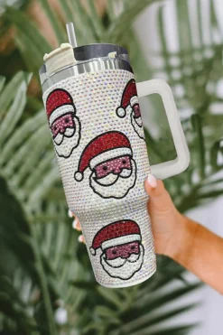 Hot Dear-Lover Christmas Santa Claus Diamond Thermos Cup with Straw 40oz White
