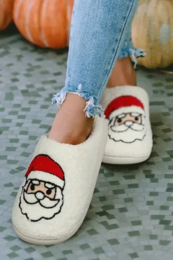 Outlet Dear-Lover Christmas Santa Clause Graphic Plush Slippers White
