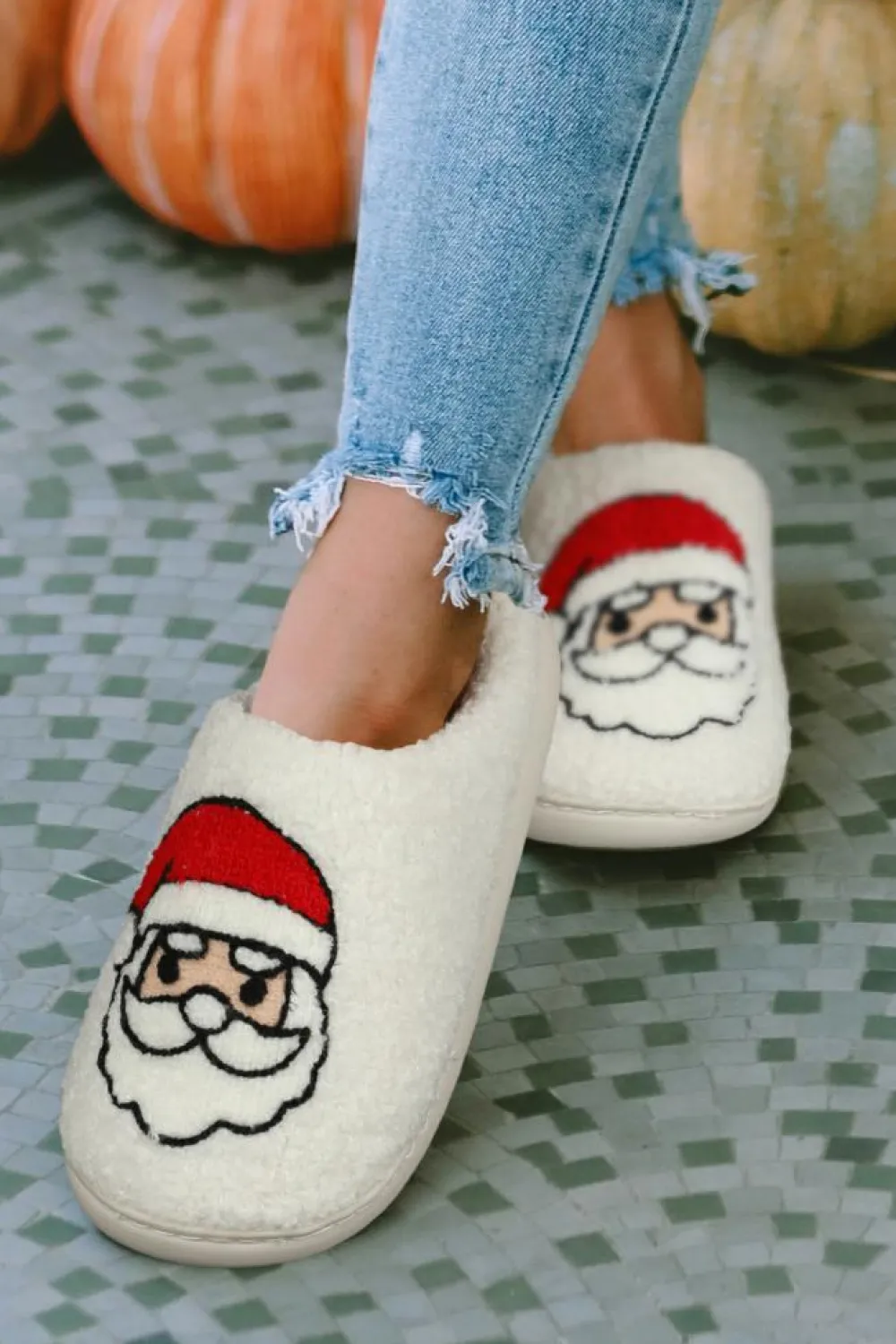 Outlet Dear-Lover Christmas Santa Clause Graphic Plush Slippers White
