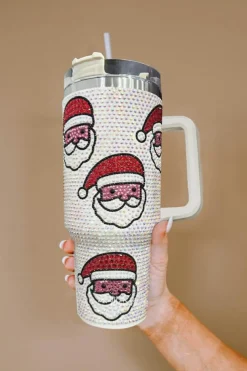 Hot Dear-Lover Christmas Santa Claus Diamond Thermos Cup with Straw 40oz White
