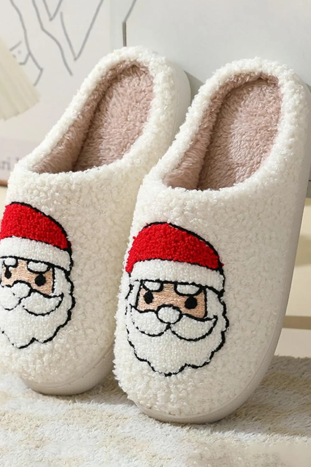 Outlet Dear-Lover Christmas Santa Clause Graphic Plush Slippers White