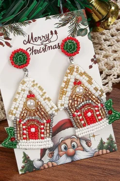 Clearance Dear-Lover Christmas Style House Beaded Stud Dangle Earrings White