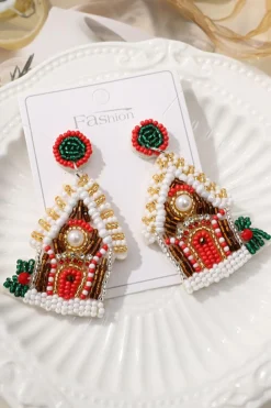 Clearance Dear-Lover Christmas Style House Beaded Stud Dangle Earrings White