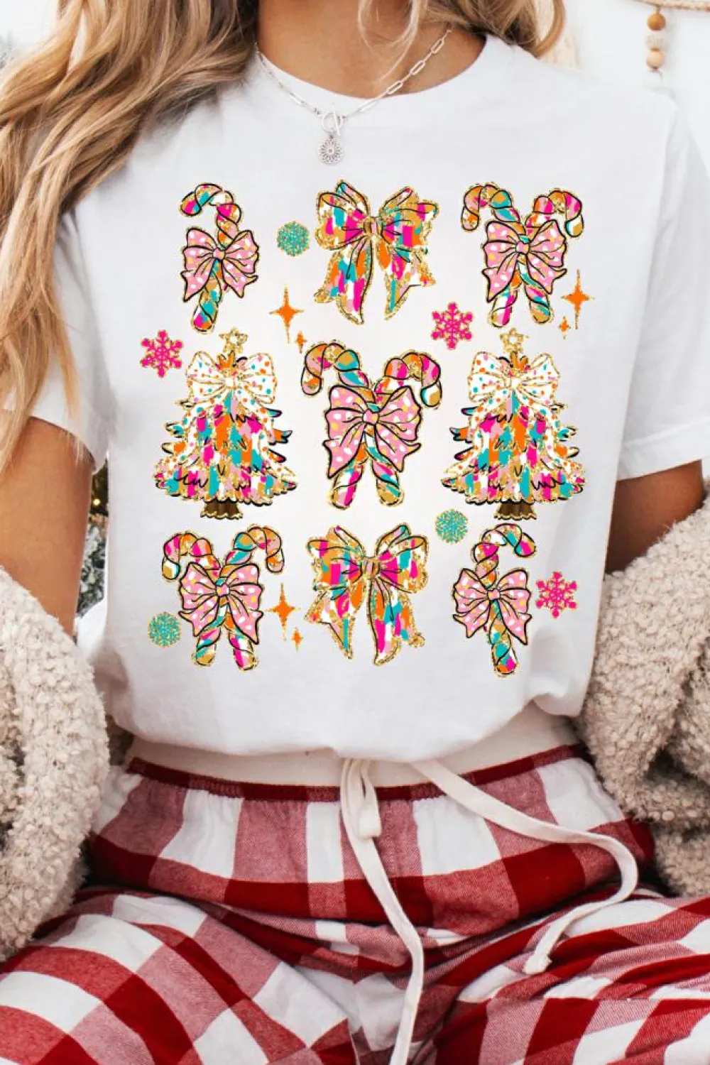 Clearance Dear-Lover Christmas Tree Bow Knot Print Round Neck T Shirt White