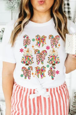 Clearance Dear-Lover Christmas Tree Bow Knot Print Round Neck T Shirt White