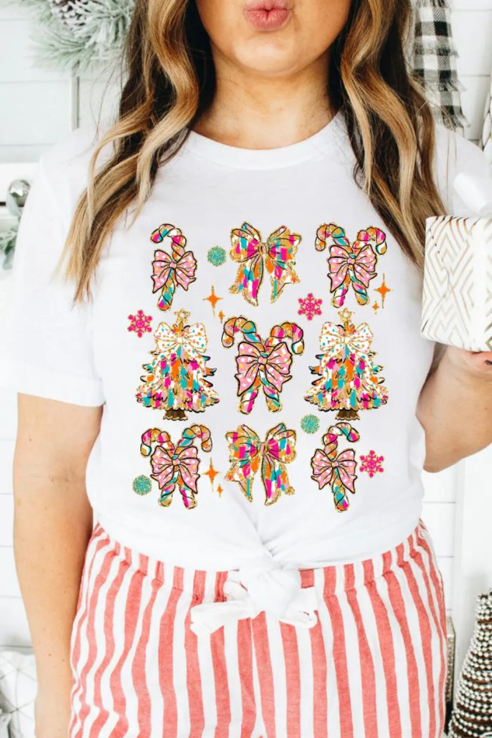 Clearance Dear-Lover Christmas Tree Bow Knot Print Round Neck T Shirt White