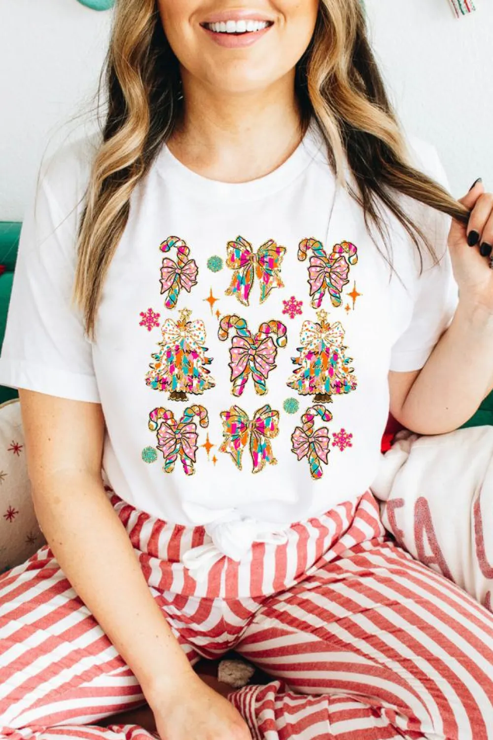 Clearance Dear-Lover Christmas Tree Bow Knot Print Round Neck T Shirt White