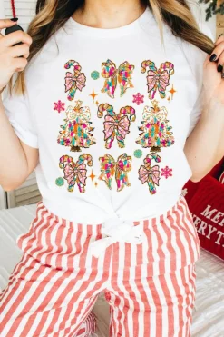 Clearance Dear-Lover Christmas Tree Bow Knot Print Round Neck T Shirt White