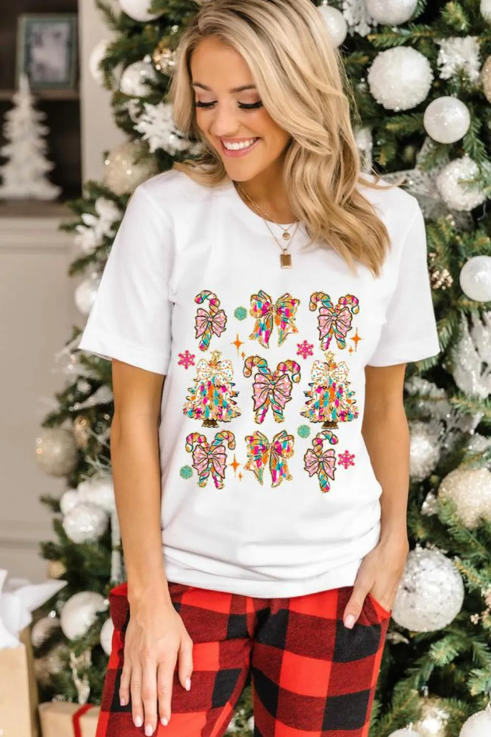 Clearance Dear-Lover Christmas Tree Bow Knot Print Round Neck T Shirt White