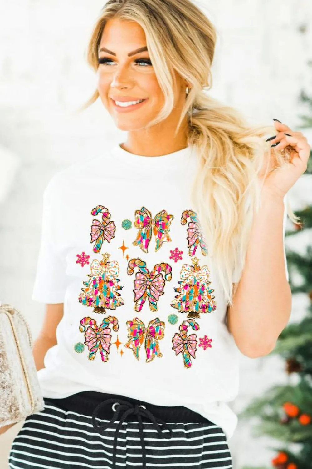 Clearance Dear-Lover Christmas Tree Bow Knot Print Round Neck T Shirt White