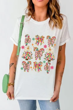 Clearance Dear-Lover Christmas Tree Bow Knot Print Round Neck T Shirt White