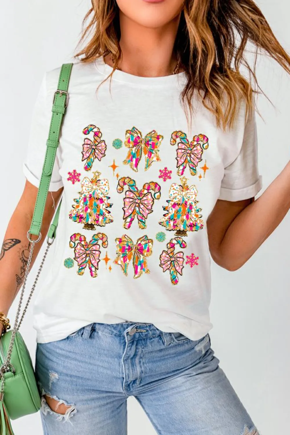 Clearance Dear-Lover Christmas Tree Bow Knot Print Round Neck T Shirt White