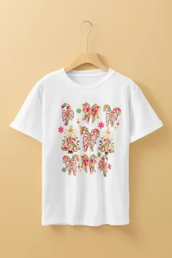 Clearance Dear-Lover Christmas Tree Bow Knot Print Round Neck T Shirt White