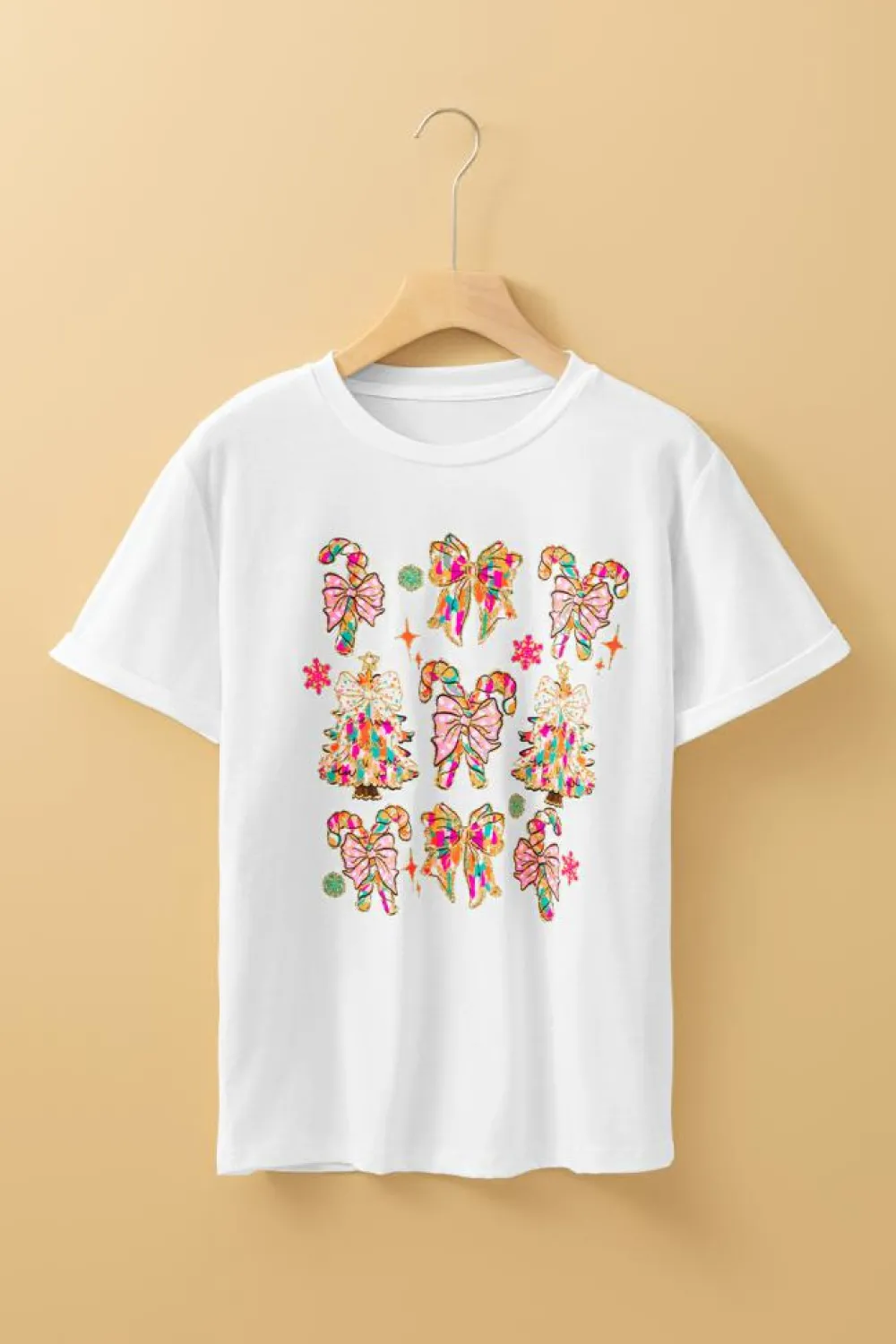 Clearance Dear-Lover Christmas Tree Bow Knot Print Round Neck T Shirt White