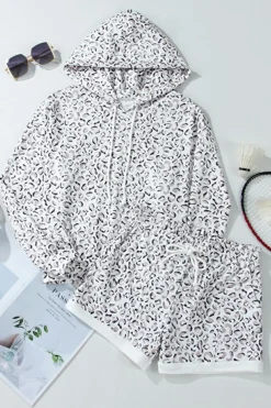Fashion Dear-Lover Classic Leopard Hoodie and Shorts Set White