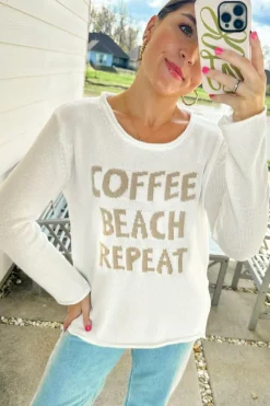 Clearance Dear-Lover COFFEE BEACH REPEAT Graphic Sweater White