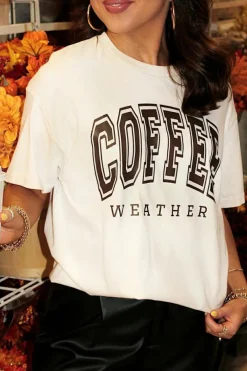 Online Dear-Lover COFFEE WEATHER Round Neck Graphic T Shirt White