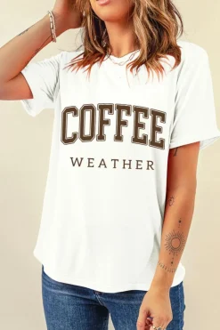 Online Dear-Lover COFFEE WEATHER Round Neck Graphic T Shirt White