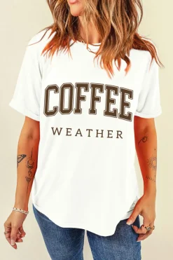 Online Dear-Lover COFFEE WEATHER Round Neck Graphic T Shirt White