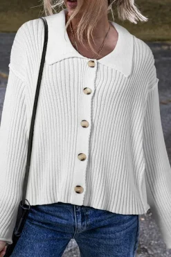 Best Dear-Lover Collared Button-up Loose Fit Casual Sweater White