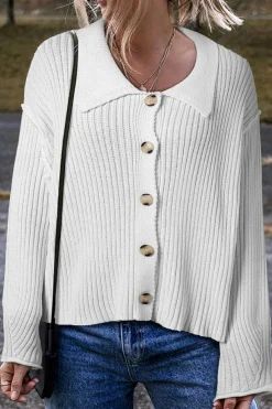 Best Dear-Lover Collared Button-up Loose Fit Casual Sweater White