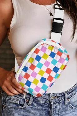 Discount Dear-Lover Color Block Checkered Buckle Wide Belt Sling Bag White