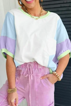 Sale Dear-Lover Color Block Patchwork Half Sleeve Oversized T Shirt White