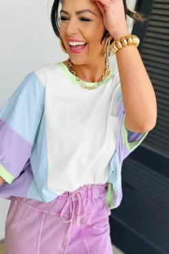 Sale Dear-Lover Color Block Patchwork Half Sleeve Oversized T Shirt White