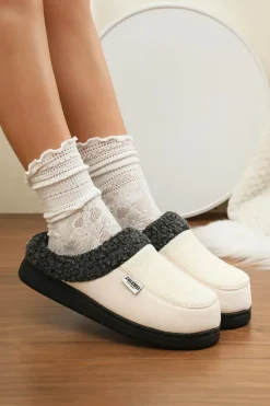 Sale Dear-Lover Color Block Plush Lined Winter Slippers White