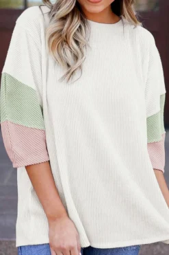 Discount Dear-Lover Color Block Ribbed Knit Quarter Sleeve Top White