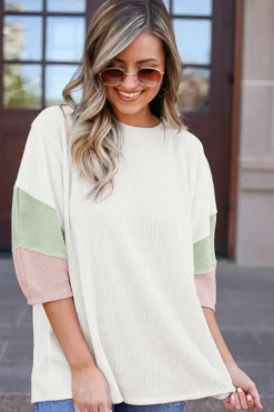 Discount Dear-Lover Color Block Ribbed Knit Quarter Sleeve Top White