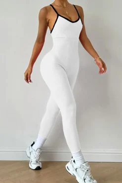 Best Dear-Lover Color Contrast Criss Cross Backless Sports Jumpsuit White