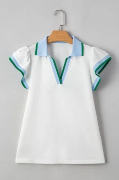 Clearance Dear-Lover Color Contrast Ruffled Sleeve Collared V Neck Blouse White
