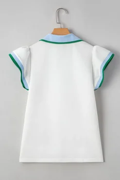 Clearance Dear-Lover Color Contrast Ruffled Sleeve Collared V Neck Blouse White
