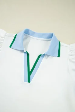 Clearance Dear-Lover Color Contrast Ruffled Sleeve Collared V Neck Blouse White