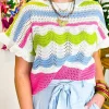 Clearance Dear-Lover Colorblock Crochet Knit Ruffled Short Sleeve Sweater Top White