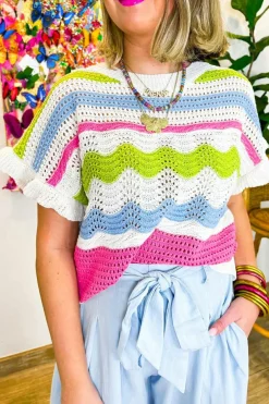 Clearance Dear-Lover Colorblock Crochet Knit Ruffled Short Sleeve Sweater Top White