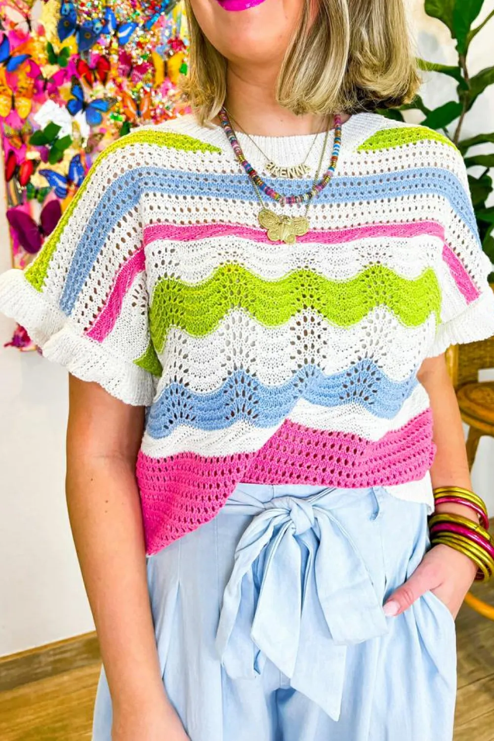 Clearance Dear-Lover Colorblock Crochet Knit Ruffled Short Sleeve Sweater Top White