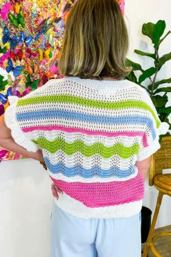 Clearance Dear-Lover Colorblock Crochet Knit Ruffled Short Sleeve Sweater Top White
