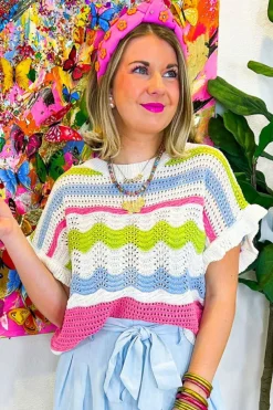 Clearance Dear-Lover Colorblock Crochet Knit Ruffled Short Sleeve Sweater Top White