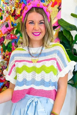 Clearance Dear-Lover Colorblock Crochet Knit Ruffled Short Sleeve Sweater Top White