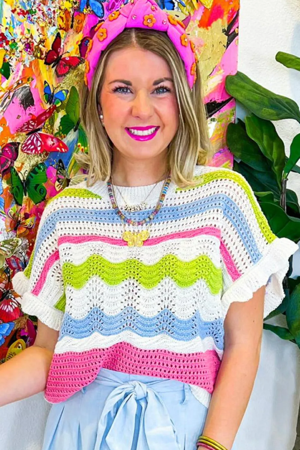 Clearance Dear-Lover Colorblock Crochet Knit Ruffled Short Sleeve Sweater Top White