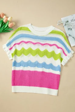Clearance Dear-Lover Colorblock Crochet Knit Ruffled Short Sleeve Sweater Top White