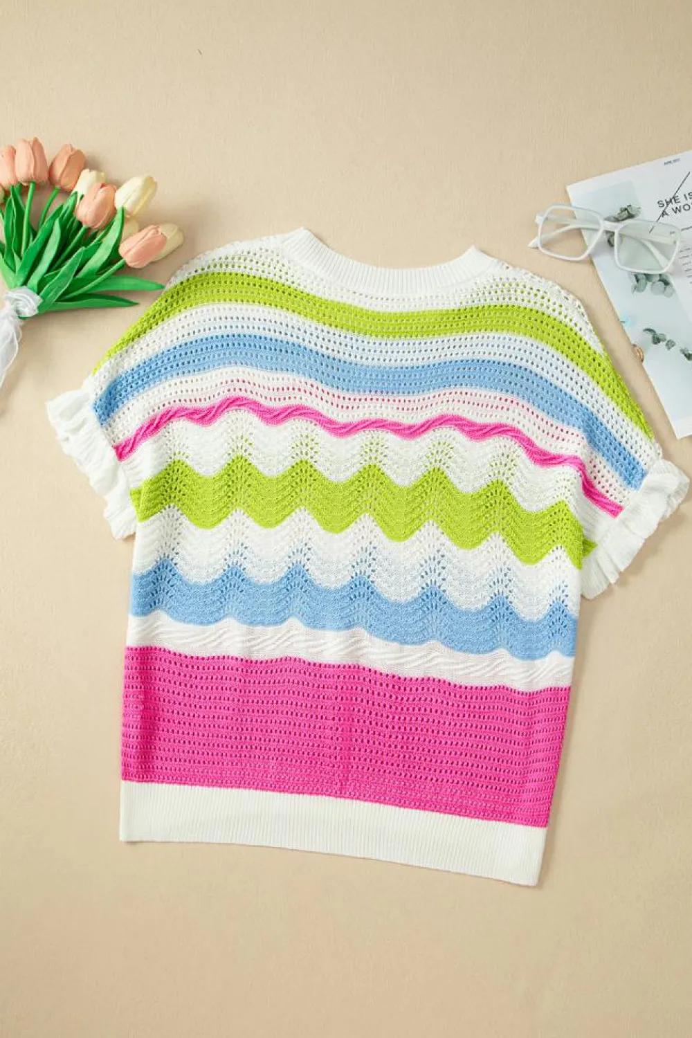 Clearance Dear-Lover Colorblock Crochet Knit Ruffled Short Sleeve Sweater Top White